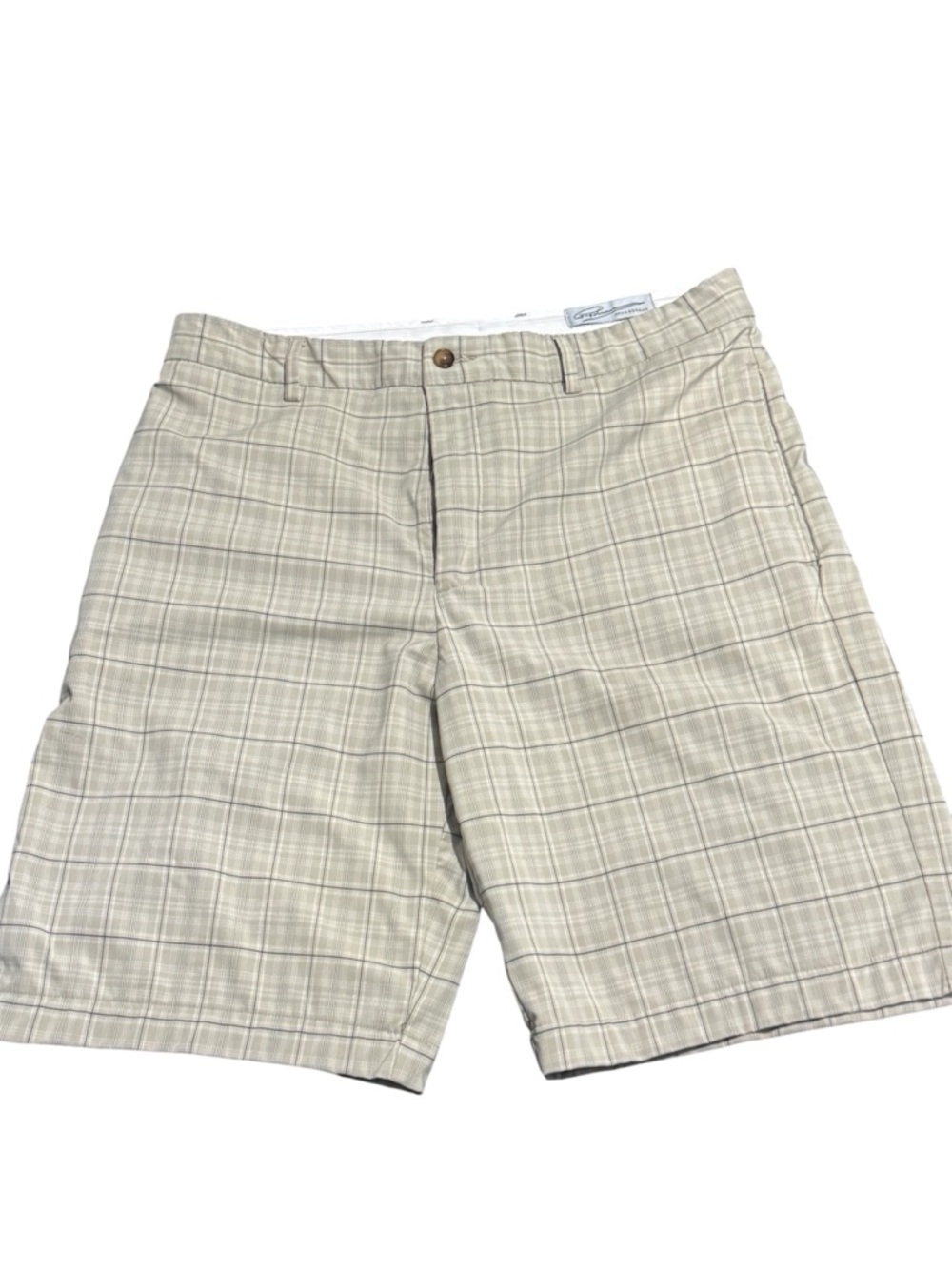 Greg Norman Men's Golf Shorts 34 Beige Plaid Stretch Performance